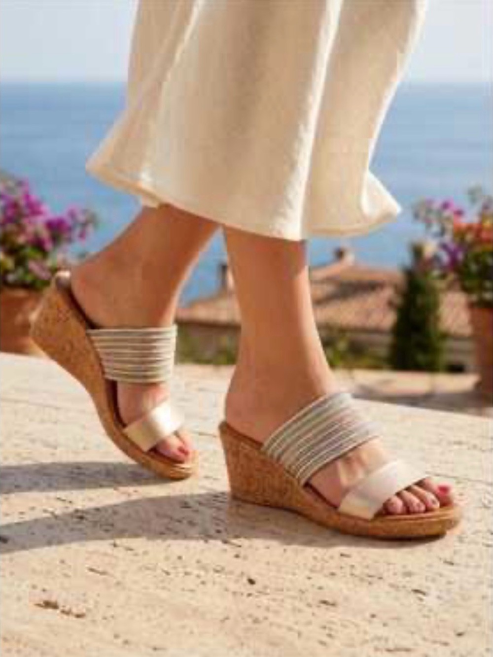Women's Neutral Beige Cork Wedge Slide Sandals